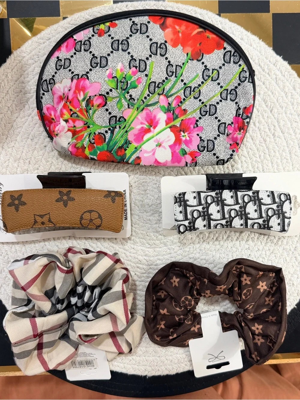 6 Pc Luxury Inspired Hair Accessories Bundle Clips Scrunchies + Cosmetic Bag